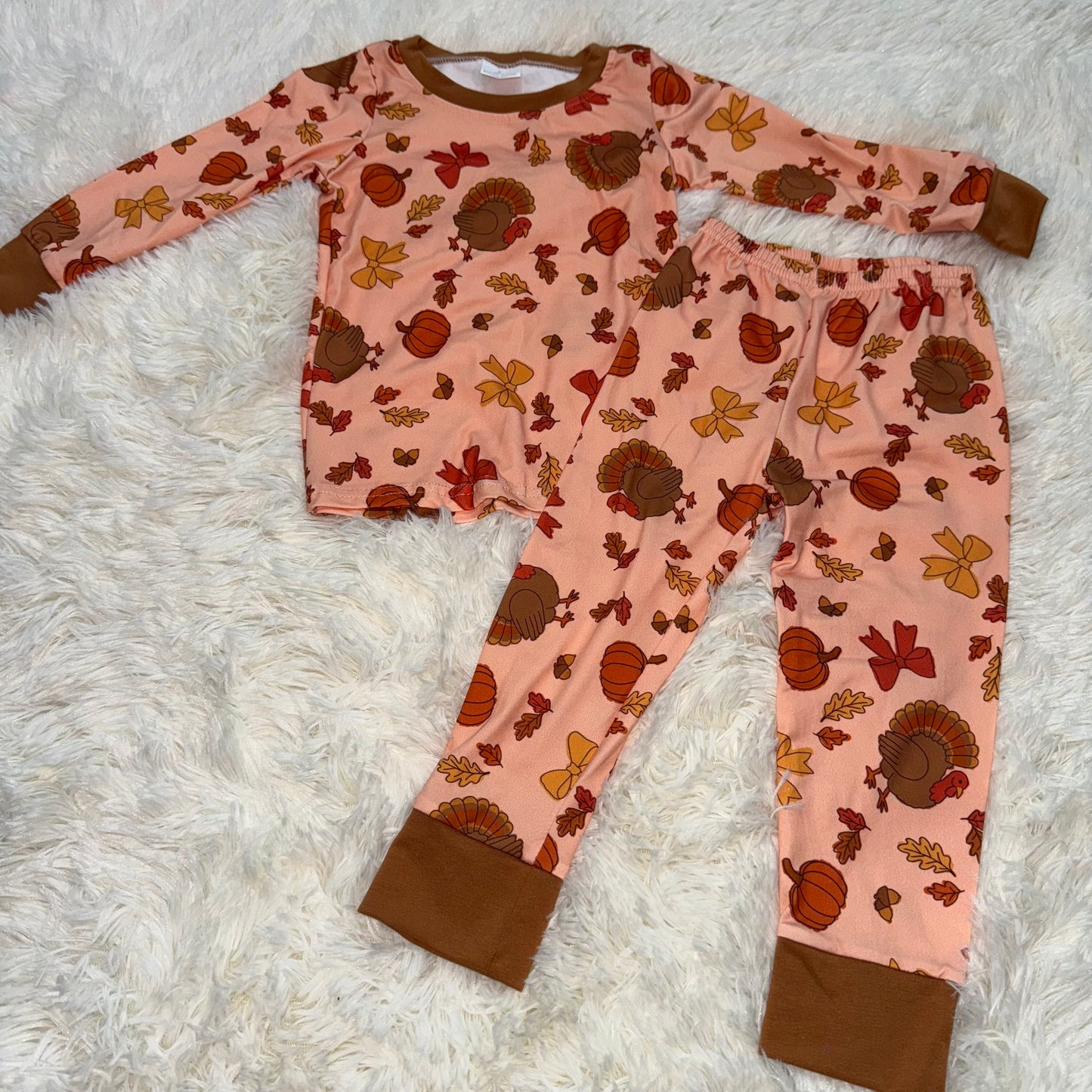 11.4 RST GLP2883 Baby Girls Turkey Pumpkins Top Pant Thanksgiving Pajamas Sets