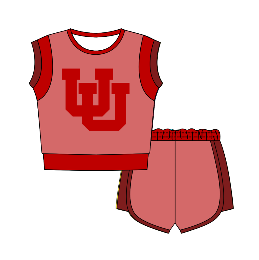 CUSTOM MOQ 5 Cute Comfortable Clothing For Kids Baby Kids Summer Pink Red Sleeveless Patchwork Top Lace-up Shorts Clothes Sets