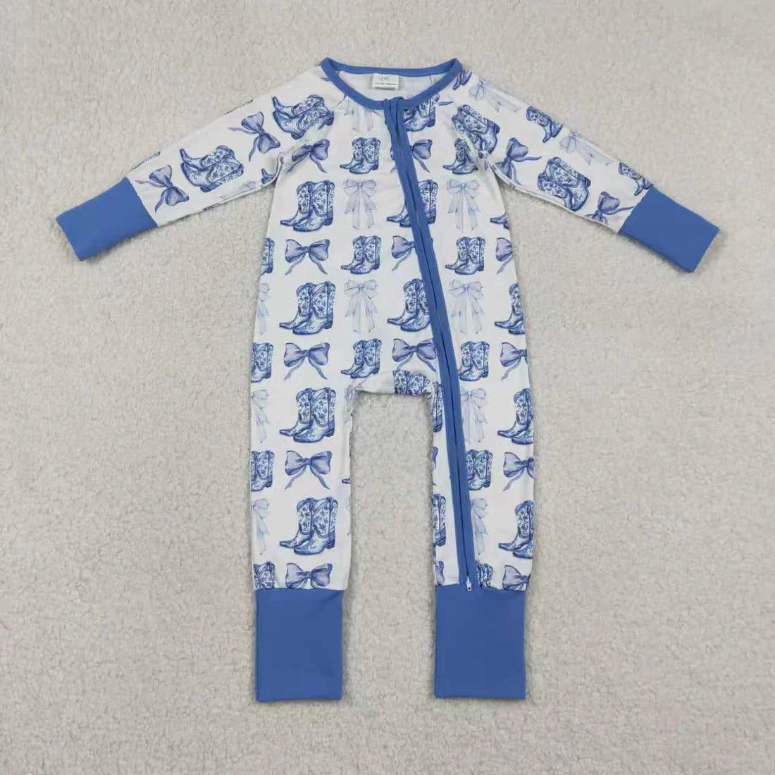 12.29 RTS Sibling Baby Girls Blue Bows Pants Top Pants Western Pajamas Set Zipper Rompers