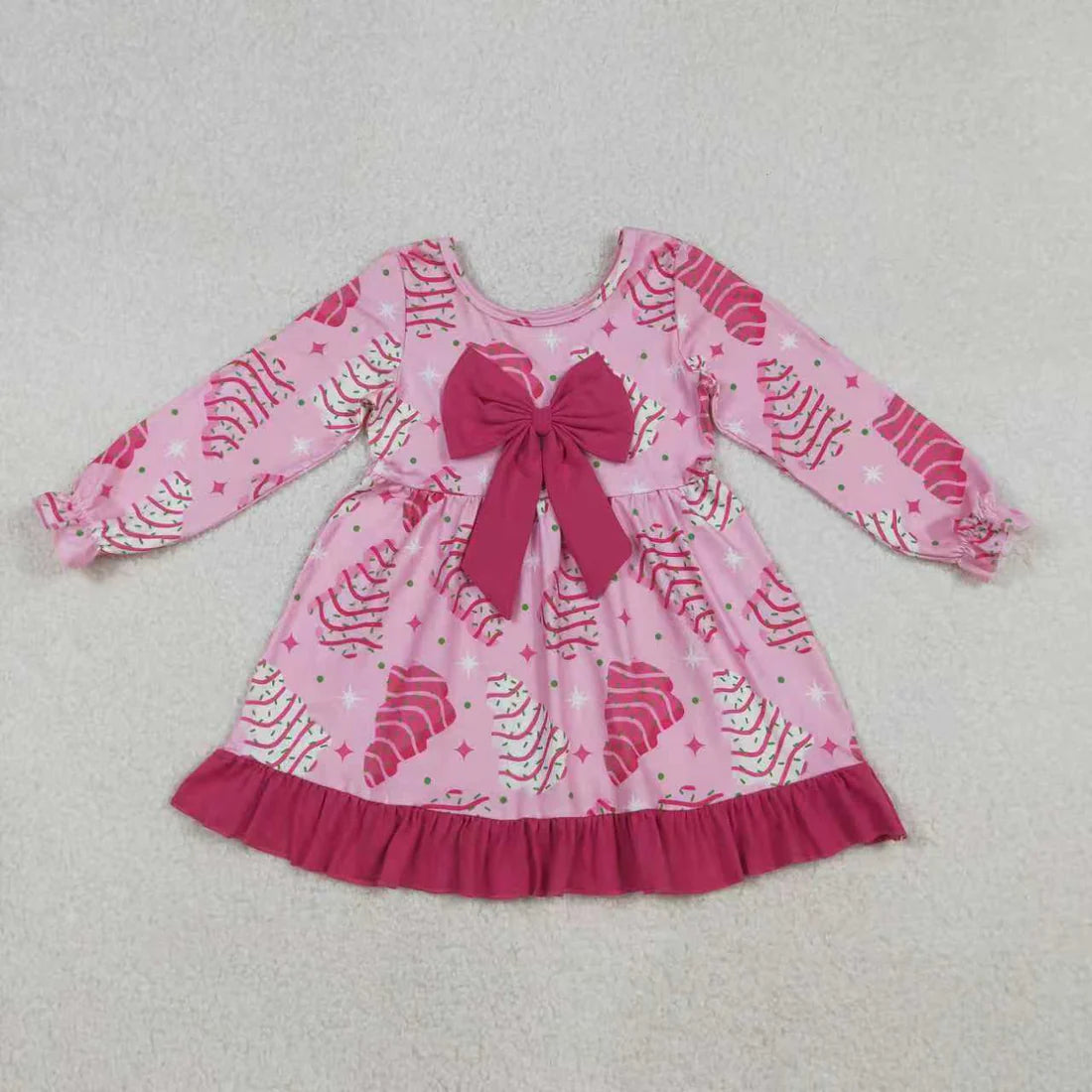 10.14 RTS Sibling Baby Girls Pink Stripe Trees Stars Bow Christmas Knee Ruffle Length Dresses Rompers