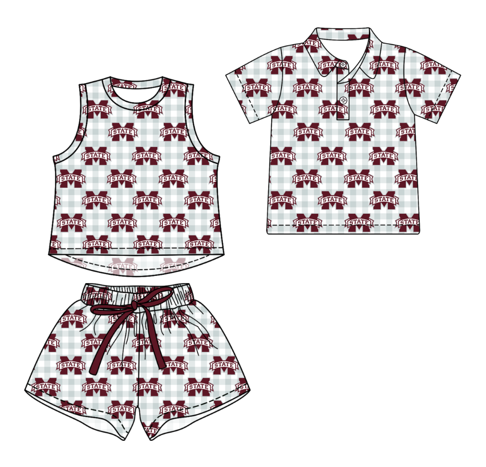 3.13 CUSTOM MOQ 5 Sibling Boys Baby Girls Summer Fashion Gray Check Red M Sleeveless Top Shorts Button Polo Shirts Team Clothes Sets