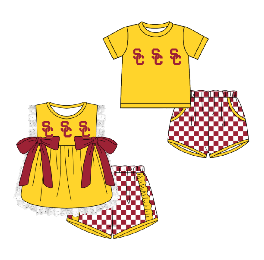 CUSTOM MOQ 5 Cute Comfortable Clothing For Kids Sibling Boys Baby Girls Summer Yellow Bow Top Red Checked Shorts Team Clothes Sets