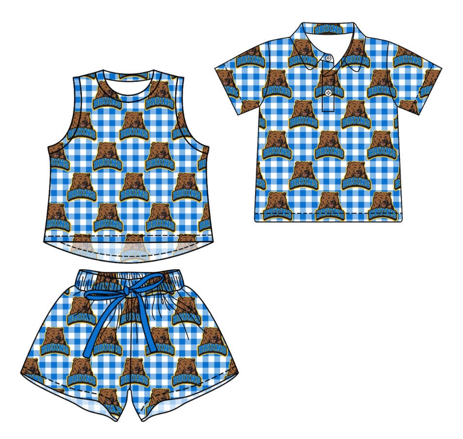 3.16 CUSTOM MOQ 5 Sibling Boys Baby Girls Summer Fashion Blue Check Sleeveless Top Shorts Button Polo Shirts Team Clothes Sets
