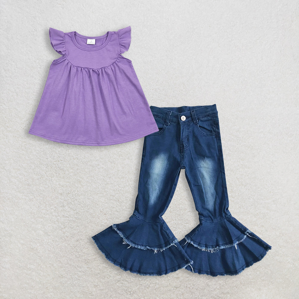 3.10 RTS NO MOQ (In stock)GT0461 + P0003 Baby Girls Lavender Flutter Sleeve Tunic Tops Denim Pants Jeans Clothes Set