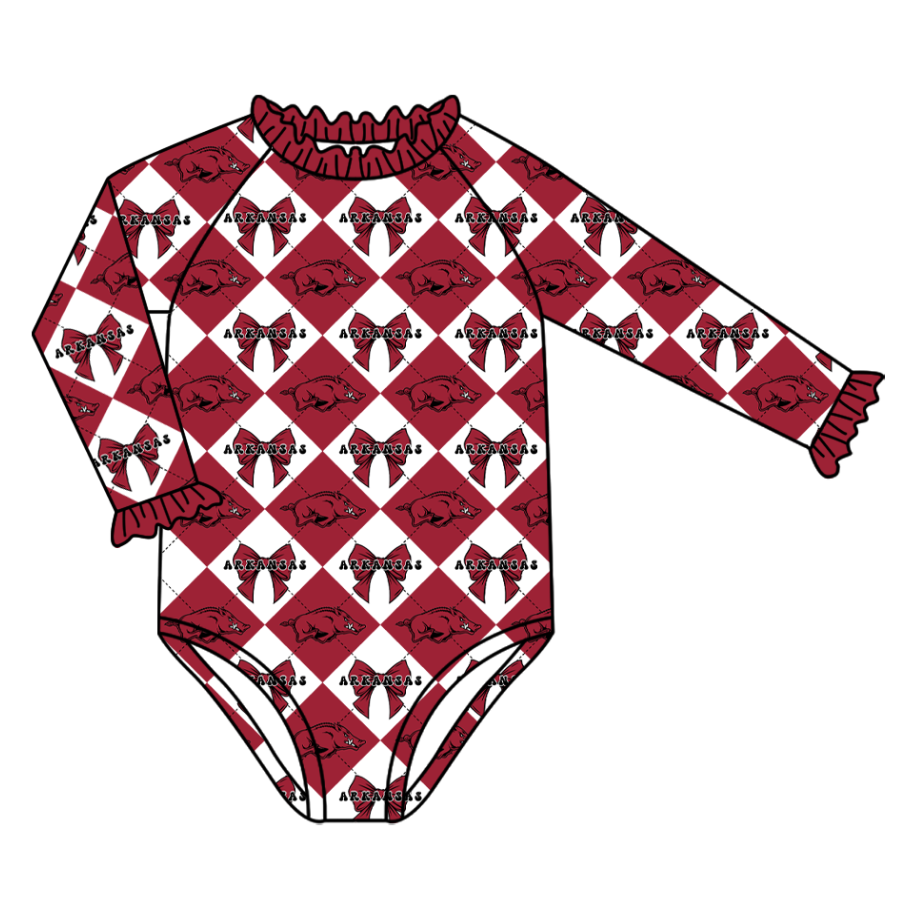 CUSTOM MOQ 5 Baby Girl Clothes Red Bow Plaid Team Long Sleeve Swimsuit