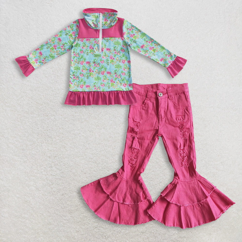 11.1 RTS NO MOQ (In stock)GT0299 + D14-14 Baby Girls Green Floral Zip Pullover Tops Denim Bell Pants Jeans
