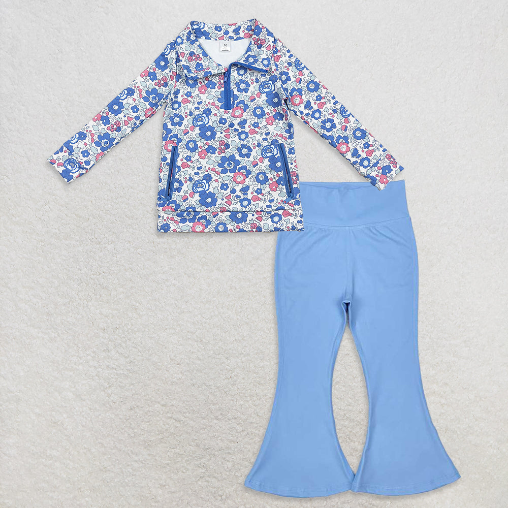 10.31 RTS NO MOQ (In stock)GT1192 + P0577 Baby Girls Blue Flowers Plaid Pockets Zipper Yoga Active Pullovers Top Bell Bottom Pants