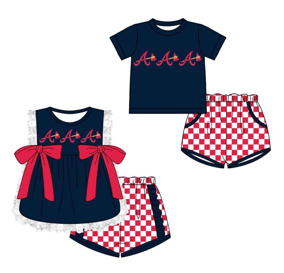 CUSTOM MOQ 5 Cute Comfortable Clothing For Kids Sibling Boys Baby Girls Summer Black A Top Checked Shorts Team Clothes Sets