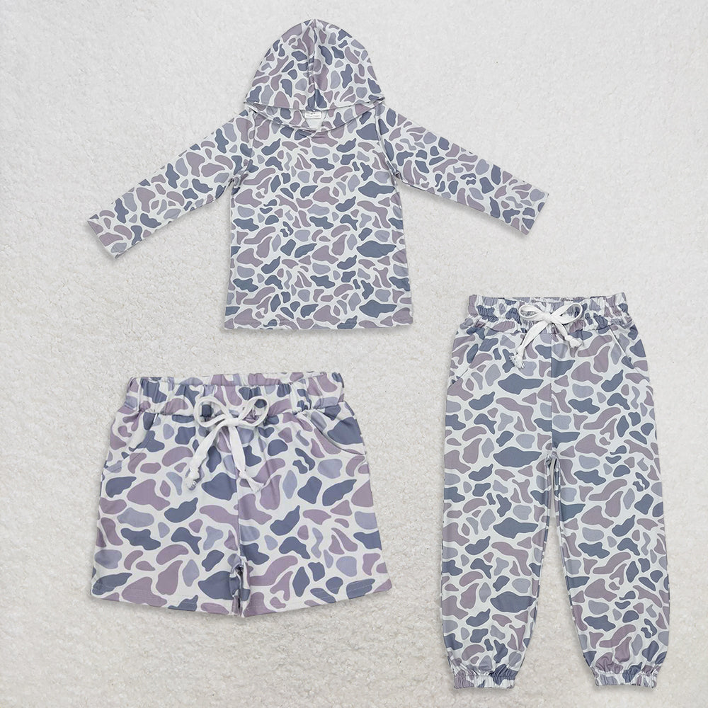 USA Warehouse (IN STOCK) Kids Boys Grey Camo Baby Clothing Set Hoodie Pocket Pants And Shorts Boys Outfit