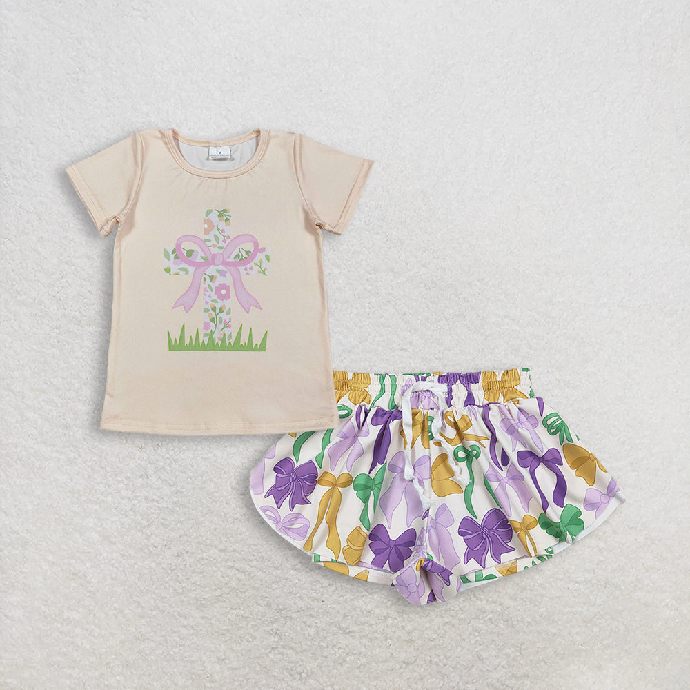 3.5 RTS NO MOQ (In stock)GT1397+ SS0684 Baby Girls Short Sleeve Flowers Cross Easter T-shirts Top Mardigras Bows Plaid Yoga Active Shorts Bottoms