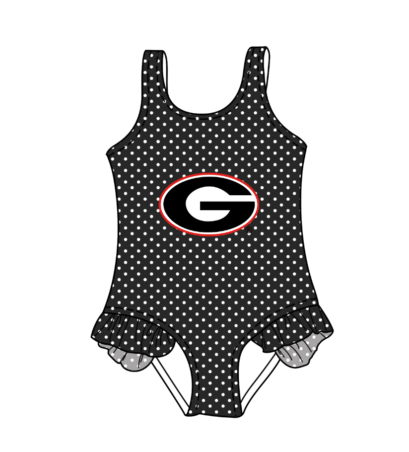 CUSTOM MOQ 5 Cute Comfortable Clothing For Kids Baby Girls Black G Polka Dots Ruffle Team One Piece Swimsuits