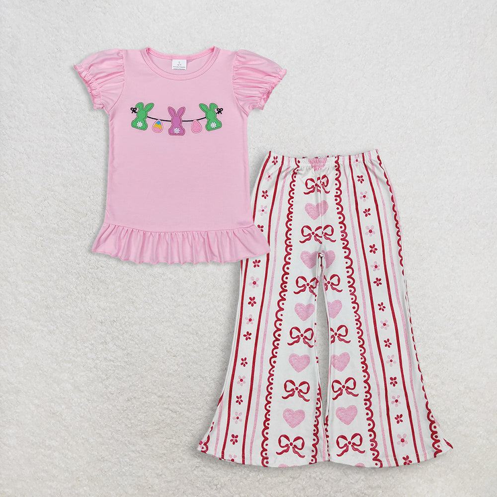 3.12 RTS NO MOQ (In stock)GT0391+ P0894 Baby Girls Easter Pink Rabbits Bunny Puffy Short Sleeve Shirt Tops Bows Hearts Flowers Stripe Valentines Flare Pants Bottom