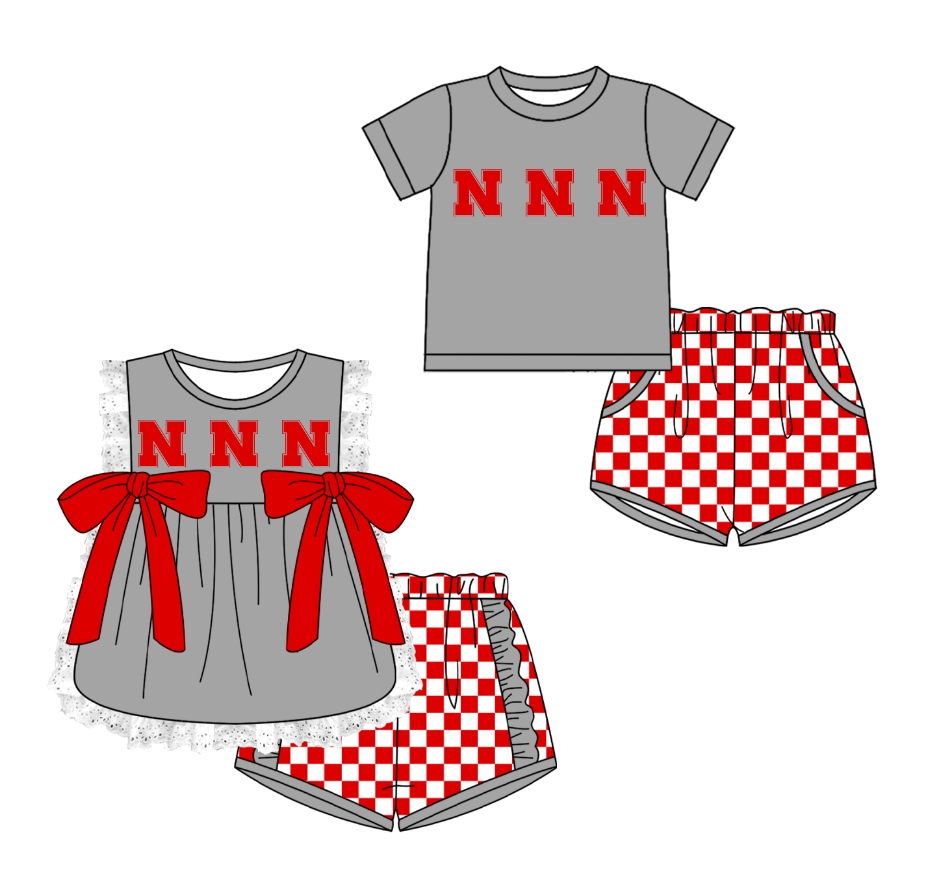 CUSTOM MOQ 5 Cute Kids Clothing Sibling Boys Baby Girls Summer Gray Bow Top Red Checked Shorts Team Clothes Sets