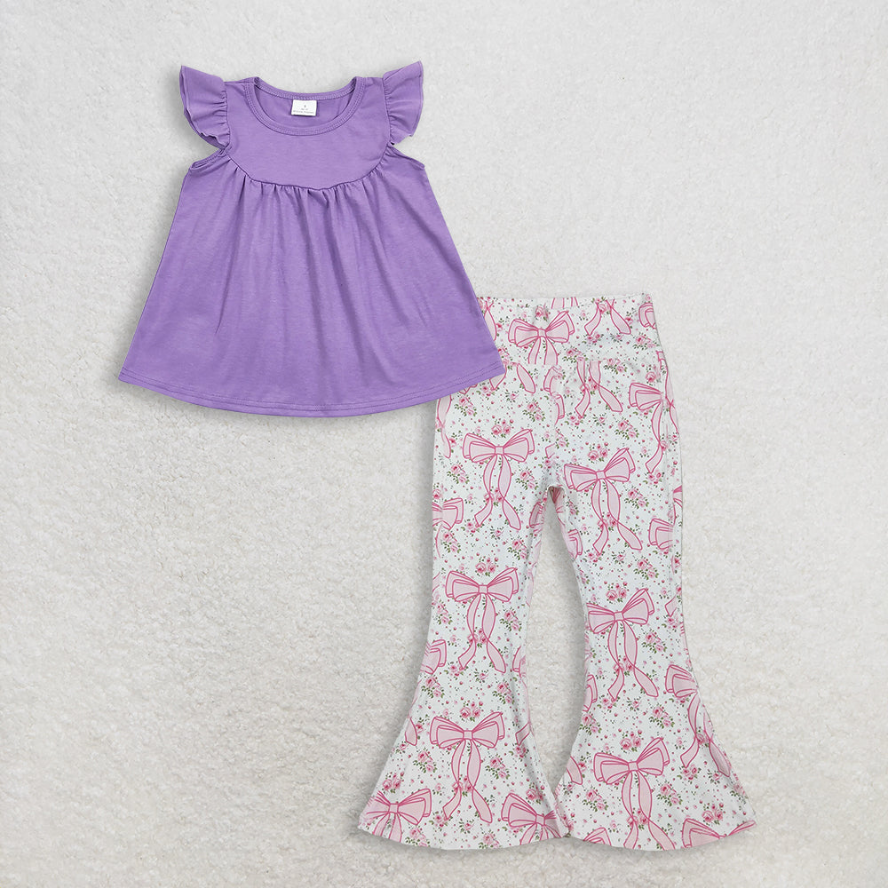 3.13 RTS NO MOQ (In stock)GT0461 + P0773 Baby Girls Lavender Flutter Sleeve Tunic Tops Floral Bows Bell Bottom Yoga Active Pants