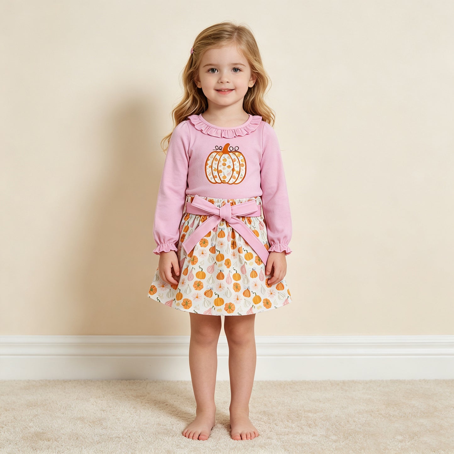 RTS NO MOQ (In stock)milk silk GLD1641 Embroidery Pumpkins Baby Girls Collar Tunic Bows Skirt Fall Clothes Sets