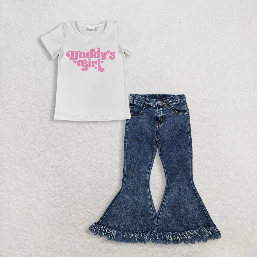 3.2 RTS NO MOQ (In stock)GT1566 + P0132 Baby Girls Daddy's Girls Summer White Shirt Denim Jeans Pants Clothes Sets