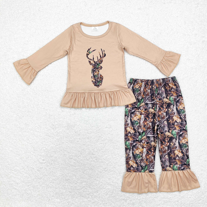 Baby Boys and Girls Dead Leaf Elk Brown Long Sleeve Top Camouflage Pants Set