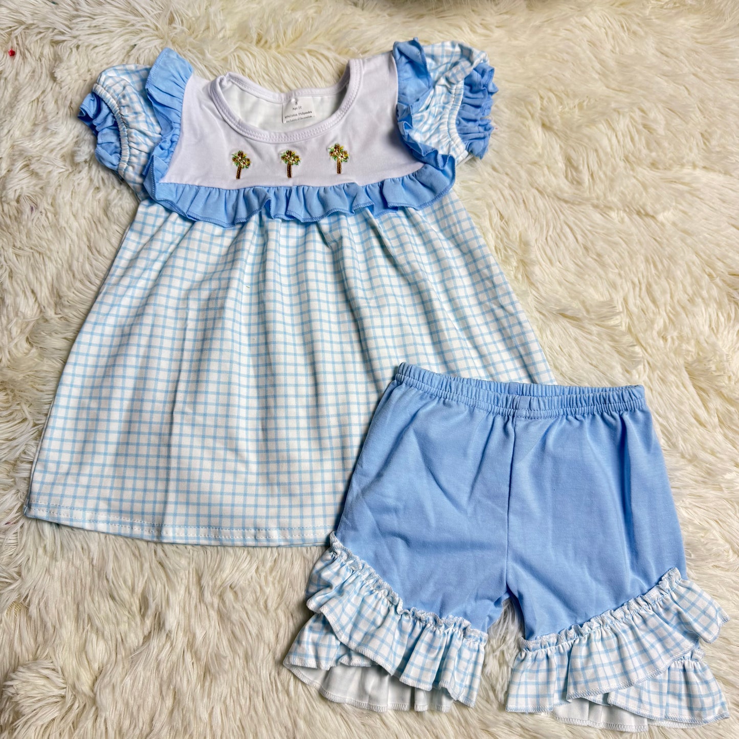 12.25 RST GSSO2718 Embroidery Crosses Baby Girls Blue Checked Tunic Ruffle Shorts Easter Clothes Sets