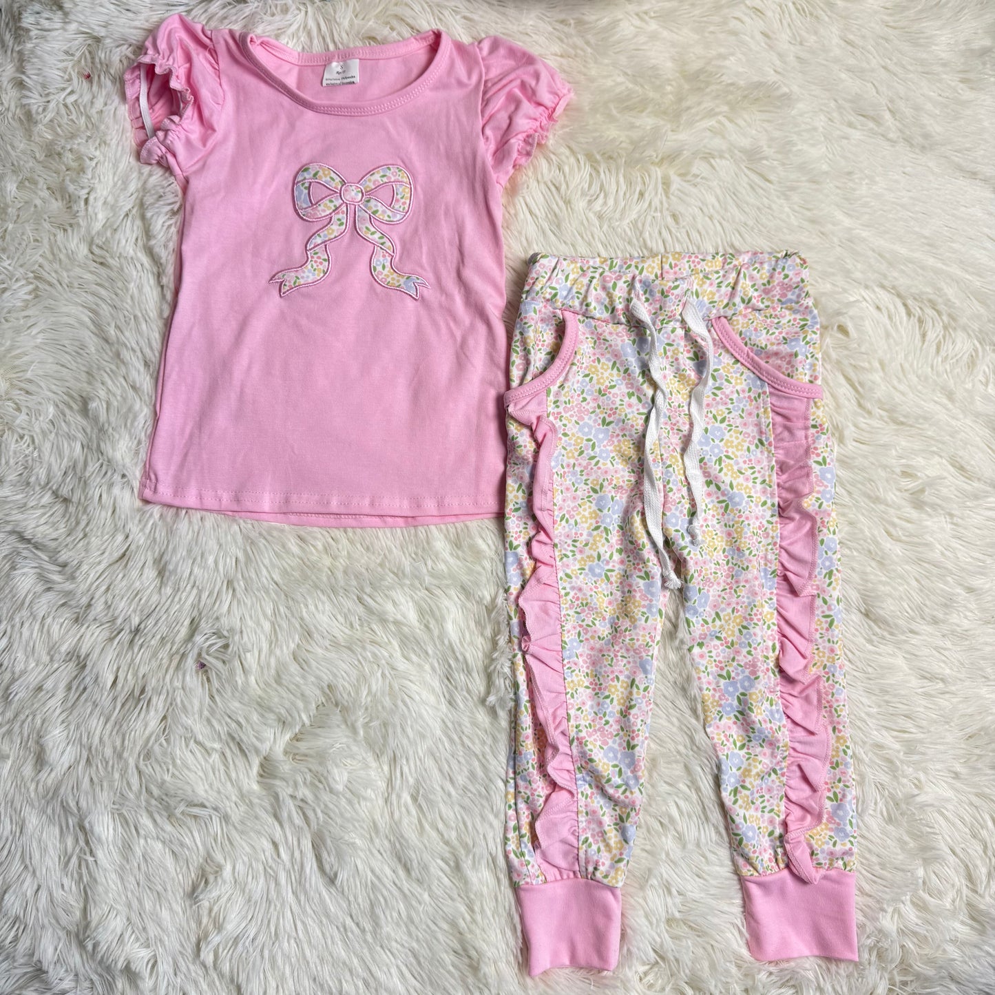 12.26 RST GSPO2060 Embroidery Floral Bows Baby Girls Shirt Pockets Ruffle Leggings Clothes Set