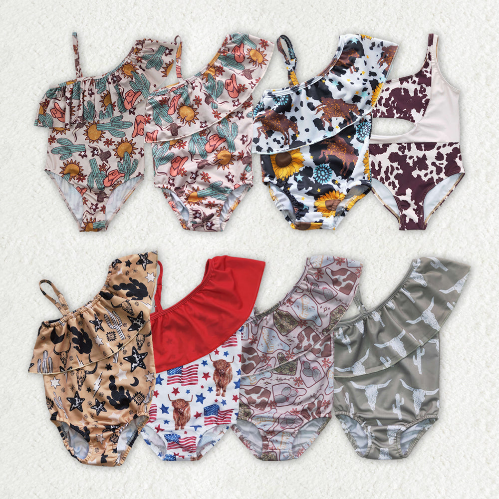 Baby Girls One-Piece Swimsuit Shoulder Cow Print Lining Casual Swimwear for Kids