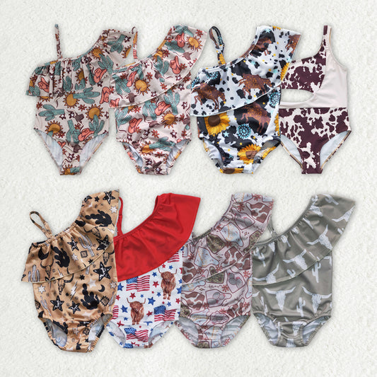 Baby Girls One-Piece Swimsuit Shoulder Cow Print Lining Casual Swimwear for Kids