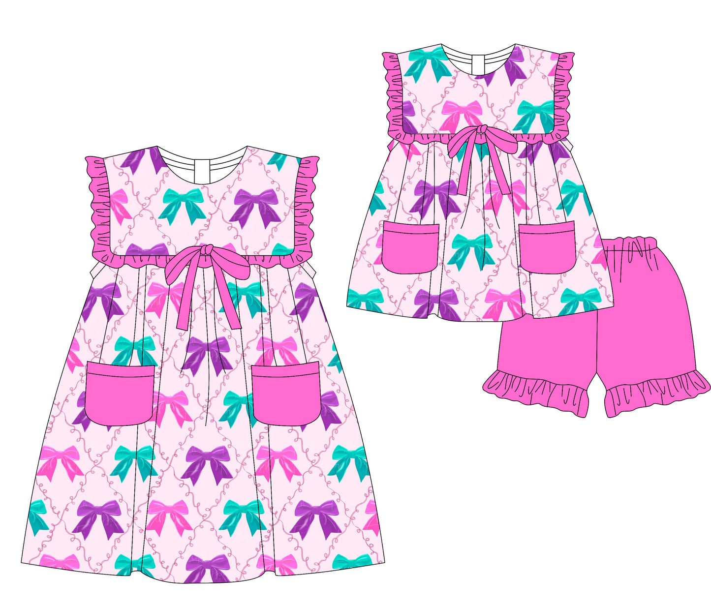 4.24 Pre order Baby Girls' Hot Pink Ruffle Pockets Bow Clothing Set Cute Toddler Outfit with Pockets