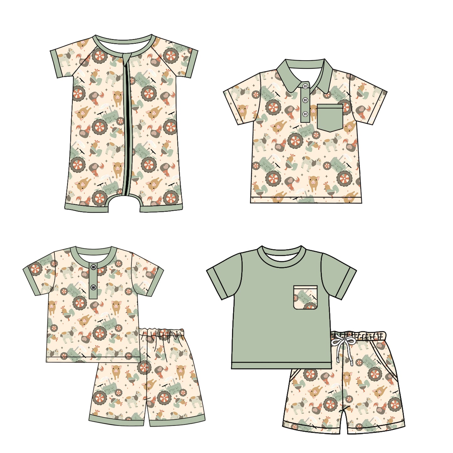 5.19 Pre order Kids Boys Farm Themed Pocket Top Chicken Pig Tractor Short Set - Casual Cotton Clothing