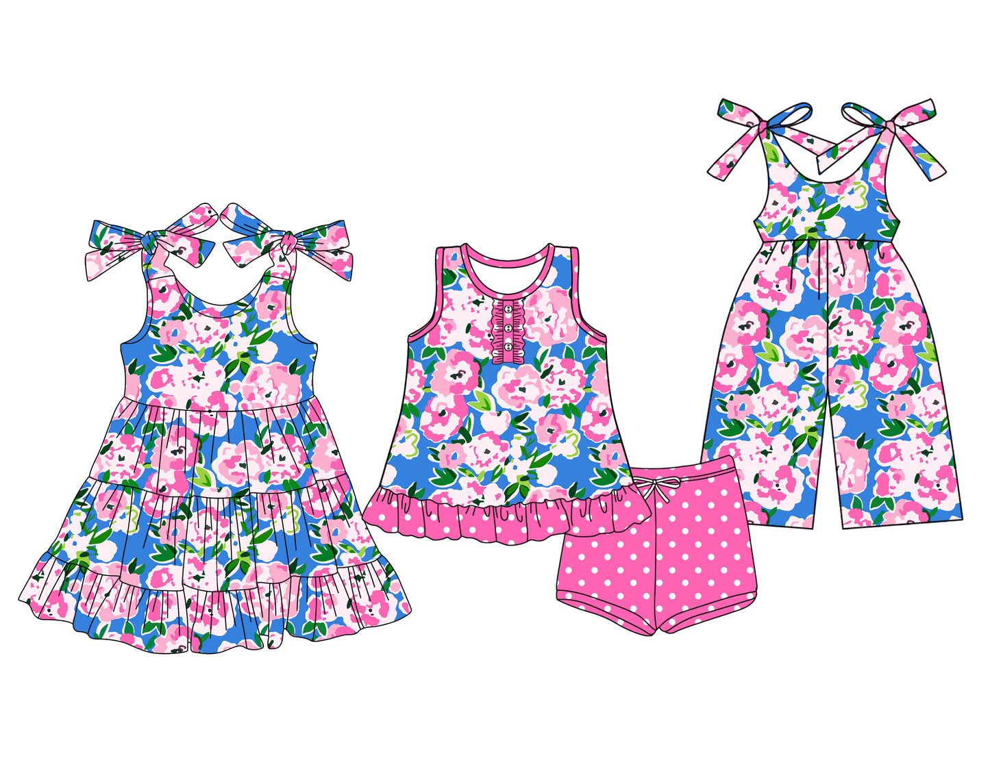 5.01 pre order Girls Sleeveless Top with Hot Pink Floral Print And Polka Dot Shorts Set Summer Casual Outfit for Kids