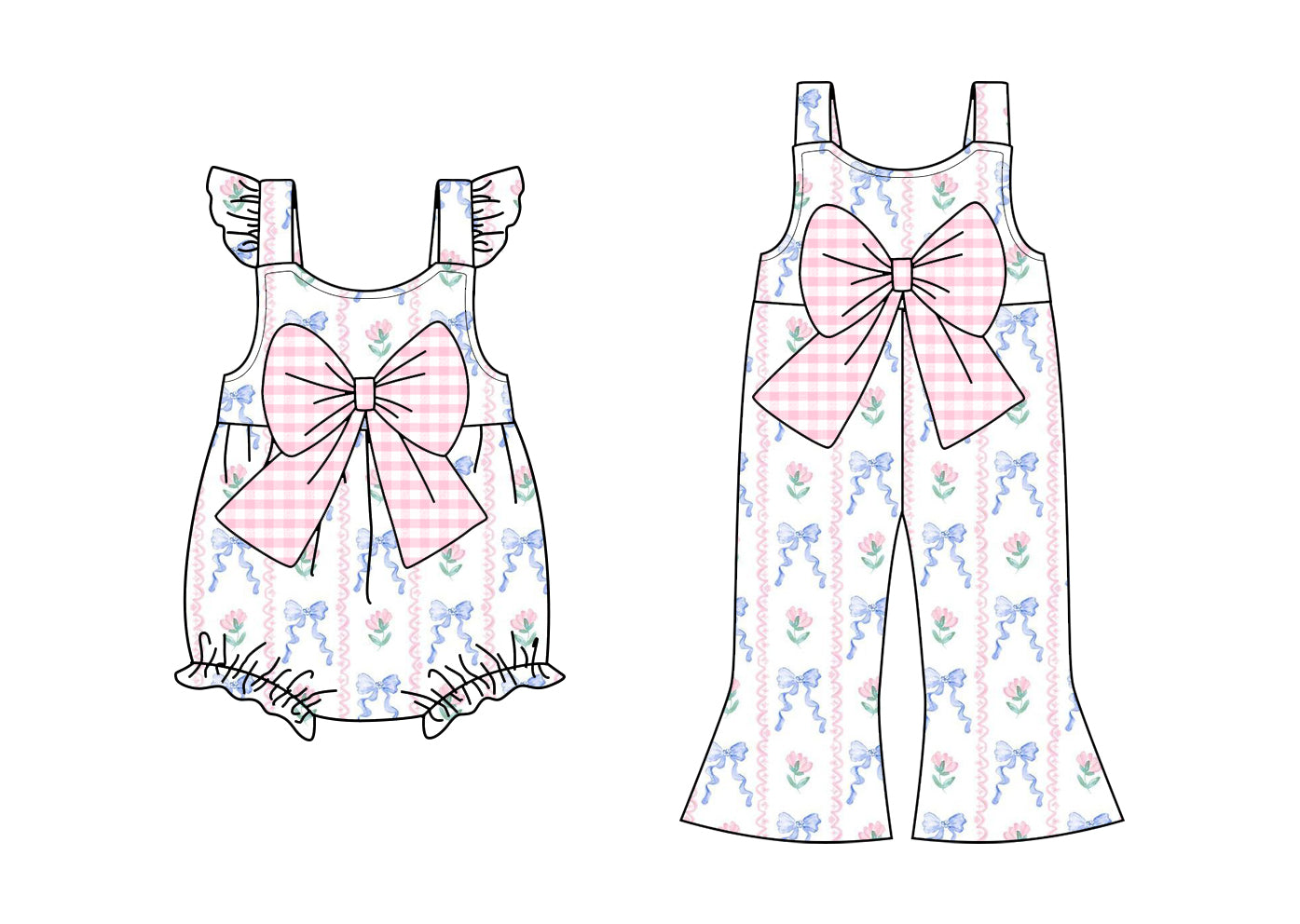 Pink plaid bow floral baby girls summer jumpsuit