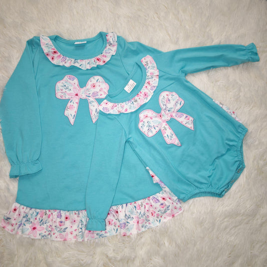 10.22 RTS Sibling Embroidery Floral Bows Baby Girls Knee Length Dresses Ruffle Collar Rompers