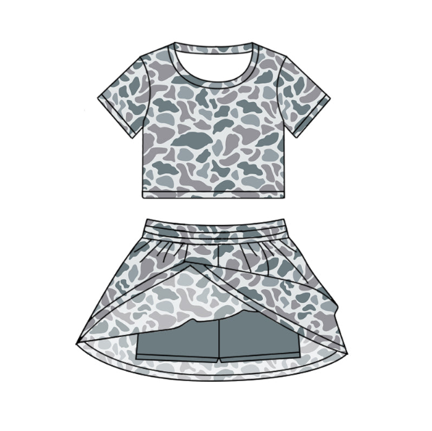 GSD2724 Pre order No Moq Baby Girls Gray Camo Print Short Sleeve Top Elastic Waist Skort Two Piece Casual Clothes Set