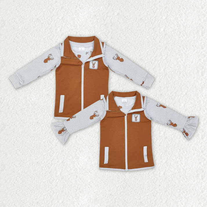 Baby Boys and Girls Brown Elk Embroidered Sleeveless Zipper Vest + Grey Striped Long Sleeve Top Two-Piece Set
