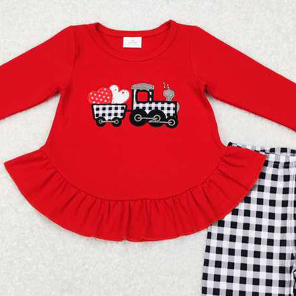 GLP0908Girls Red Plaid Truck Heart Tunic Pants Outfit Valentine's Day Clothing Set