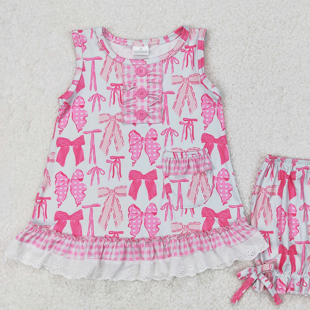 4.17 GSSO2187 RTS NO MOQ Sleeveless pink bow ruffle top shorts girls pajamas set