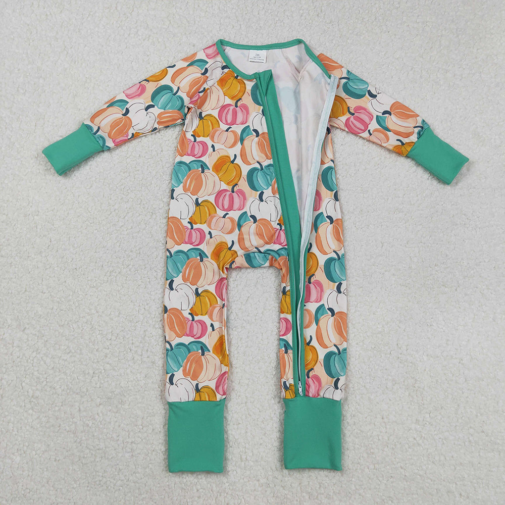 RTS NO MOQ (In stock)LR2552 Baby Boys Winter Rompers Baby Boys Colorful Pumpkins Plaid Fall Zipper Footie Rompers