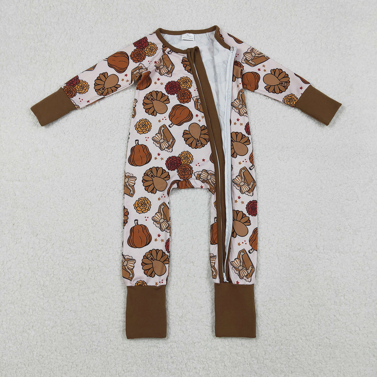 10.21 RTS NO MOQ (In stock)LR2690 Baby Boys Winter Rompers Baby Boys Pie Turkey Pumpkins Thanksgiving Zipper Footie Rompers