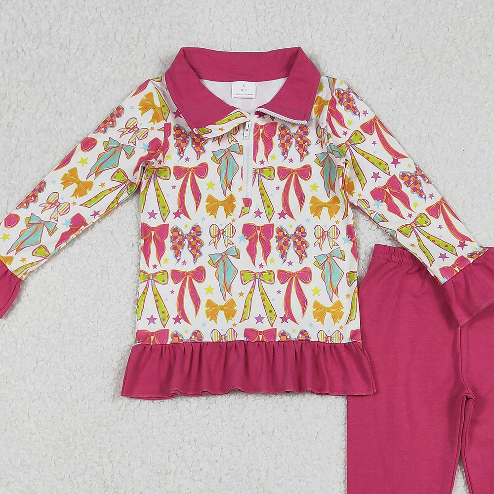 RTS NO MOQ (In stock)GLP2616 Baby Girls Winter Outfits Long Ruffle Sleeves Pink Bows Stars Zipper Top Legging Pants Sets