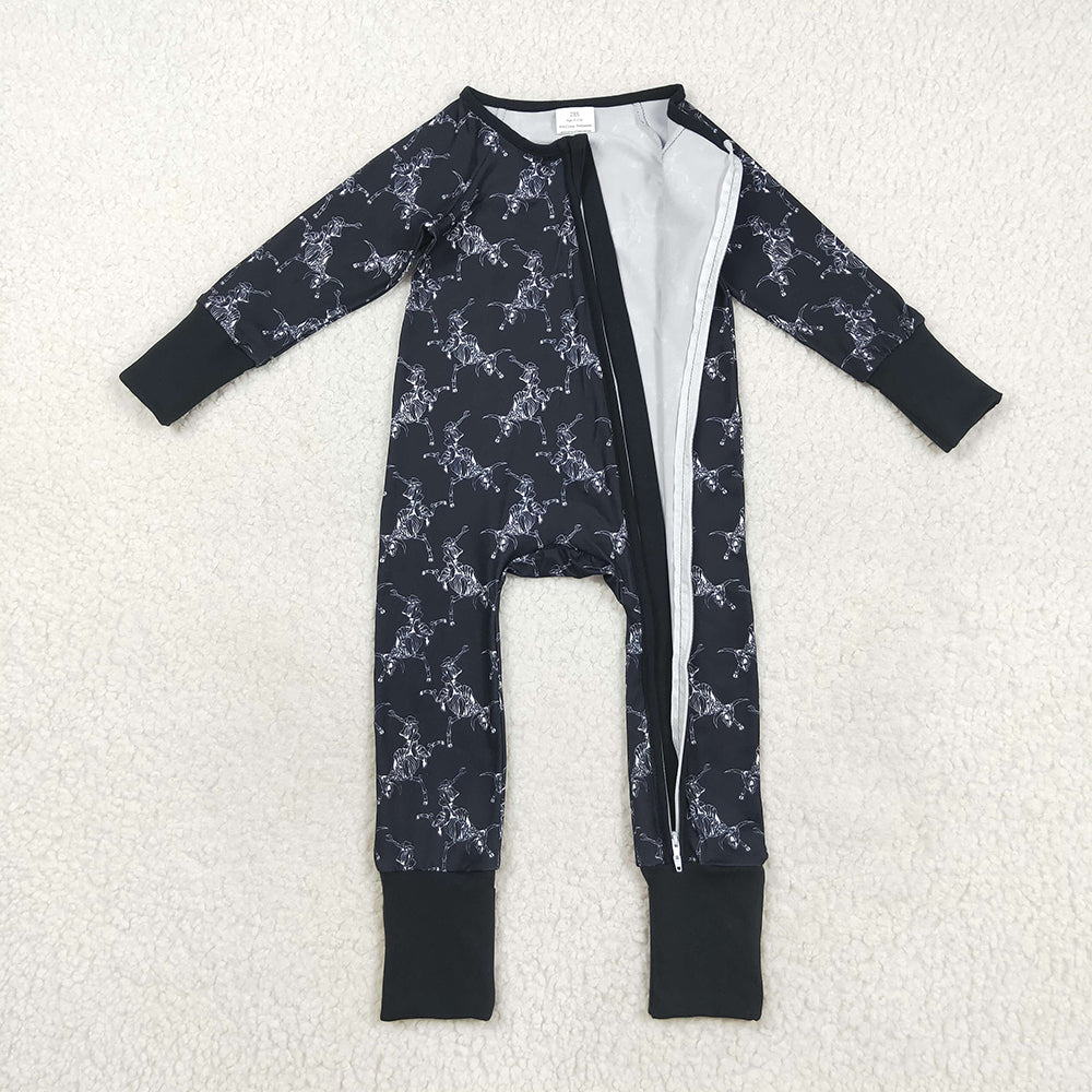 RTS NO MOQ (In stock)LR2466 Baby Boys Winter Rompers Baby Boys Black Horse Rodeos Western Zipper Pant Rompers