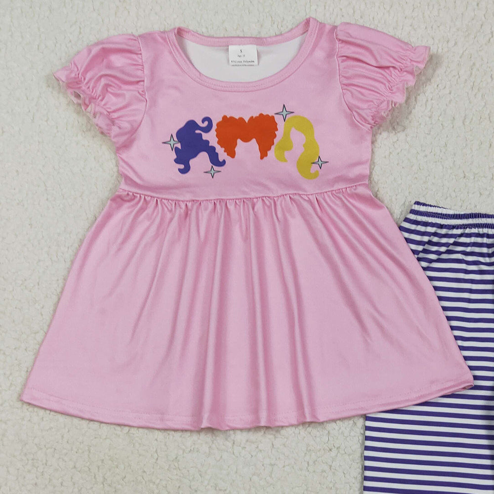 RTS NO MOQ (In stock)GSPO2043 Baby Girl Autumn Outfits Baby Girls Pink Halloween Princess Hair Tunic Stripe Ruffle Pants Sets