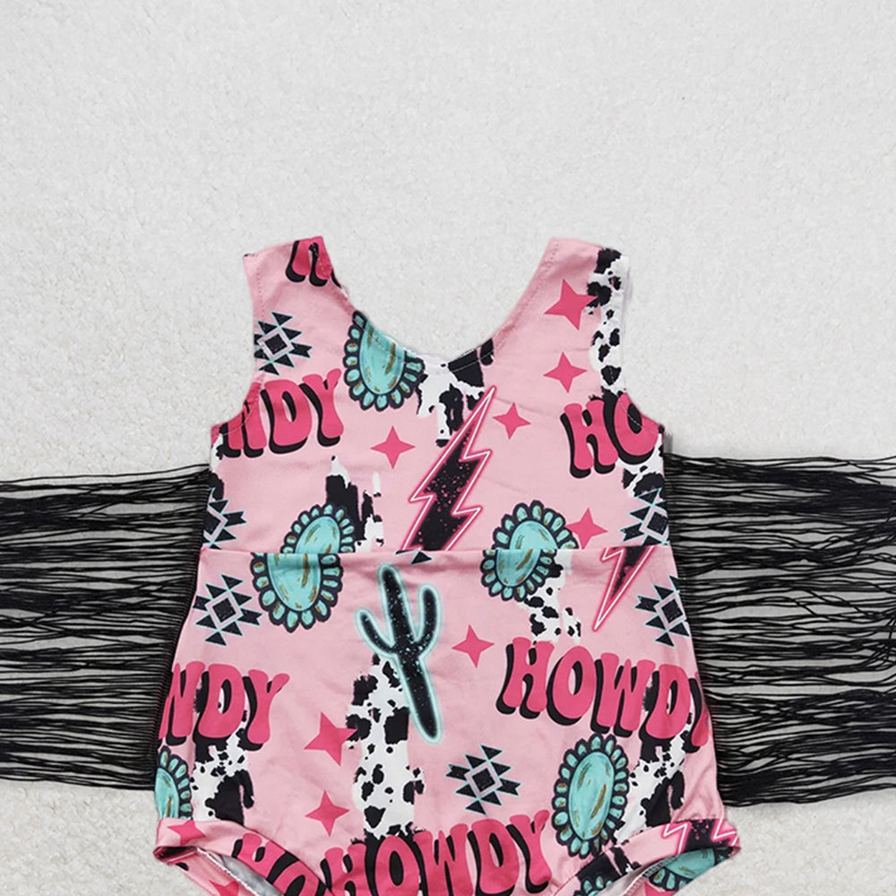 SR0324RTS NO MOQ Baby Girls Summer Rompers Baby Girls Western Tassel Howdy Pink Rompers