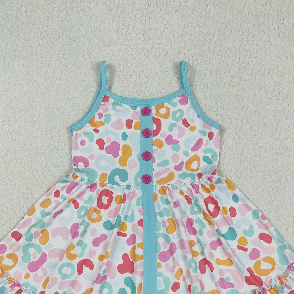 GSD2452 RTS NO MOQ Baby Girls Summer Dress Baby Girls Blue Strap Colorful Leopard Button Knee Length Dresses