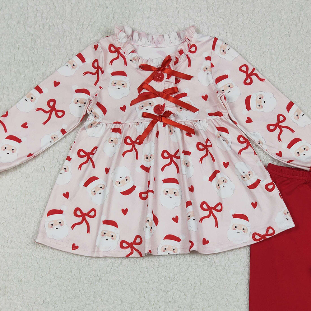 9.29 RTS NO MOQ (In stock)GLP2642 Baby Girls Winter Outfits Baby Girls Red Bows Santa Button Tunic Legging Pant Christmas Clothes Set
