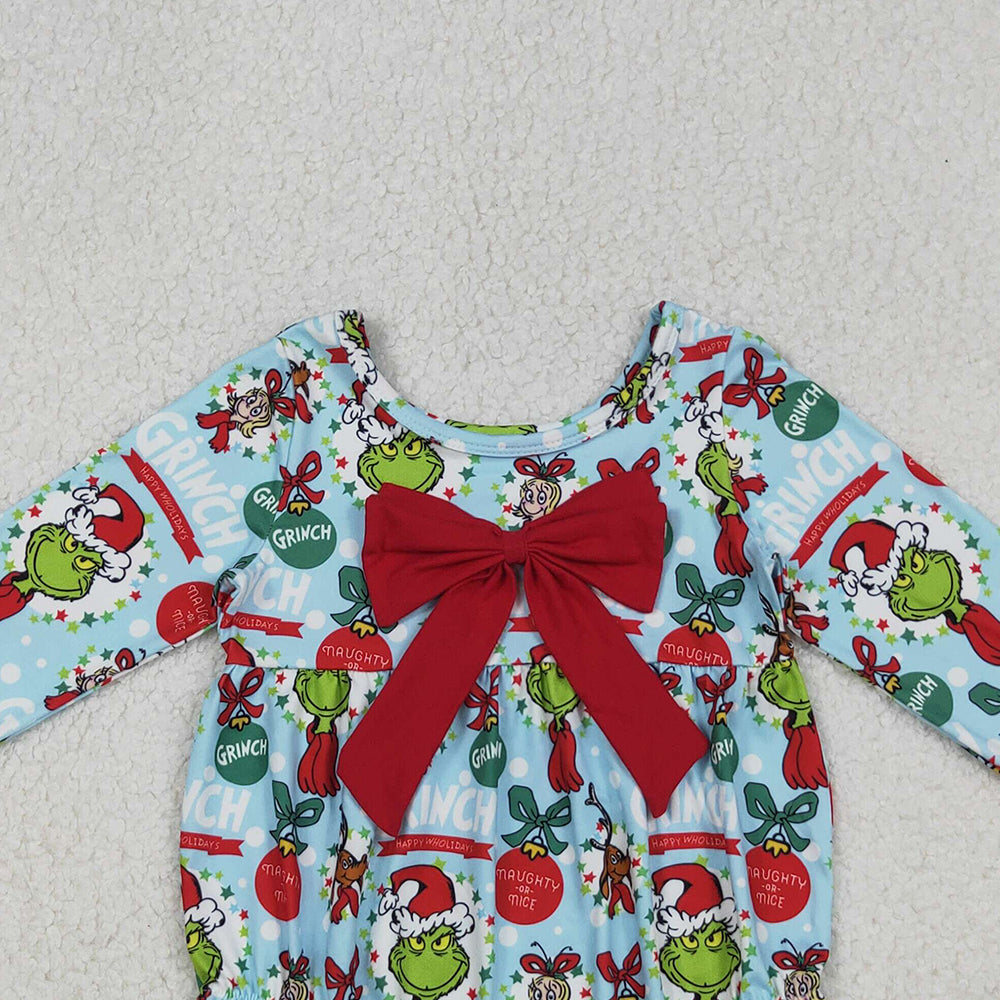 RTS NO MOQ (In stock) LR2575 Baby Girls Winter Rompers Christmas Green Face Holly Ruffle Rompers