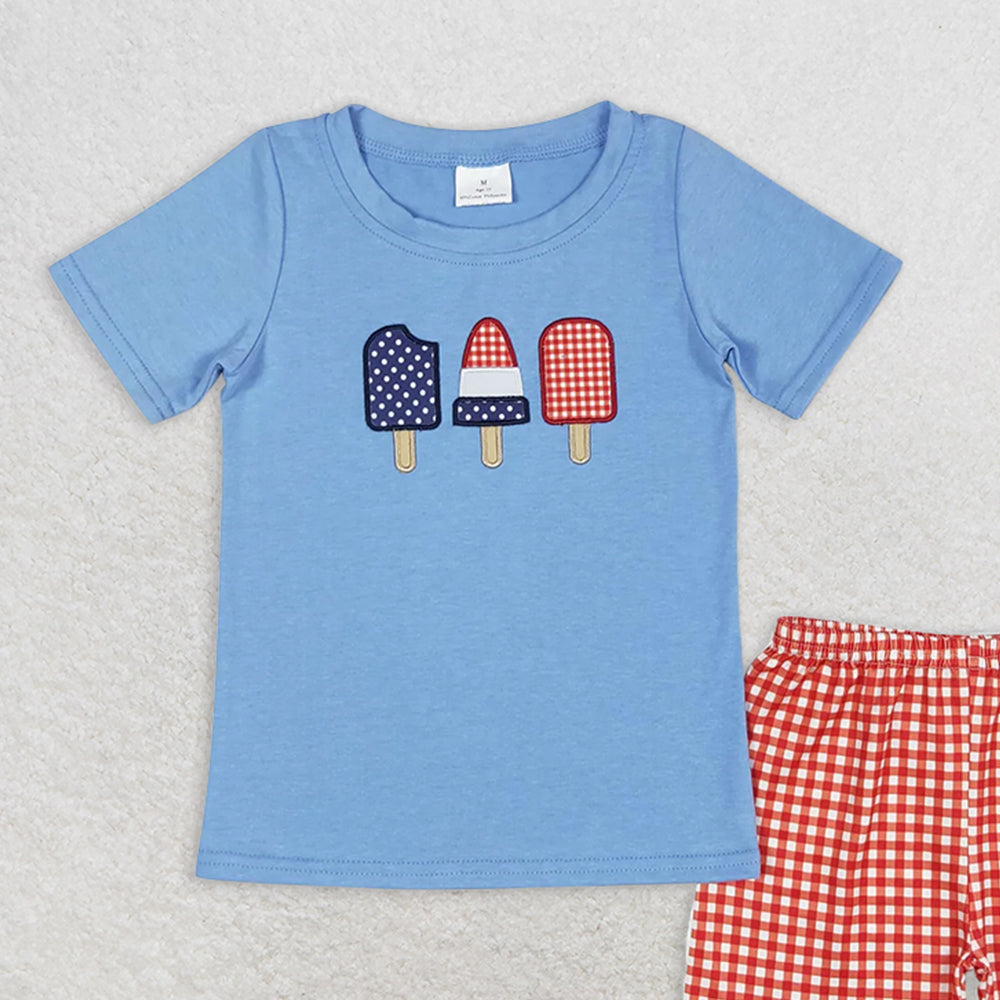 BSSO0744 RTS NO MOQ Baby Boys Summer Boys Outfits Blue popsicle top plaid shorts boys 4th of july clothing