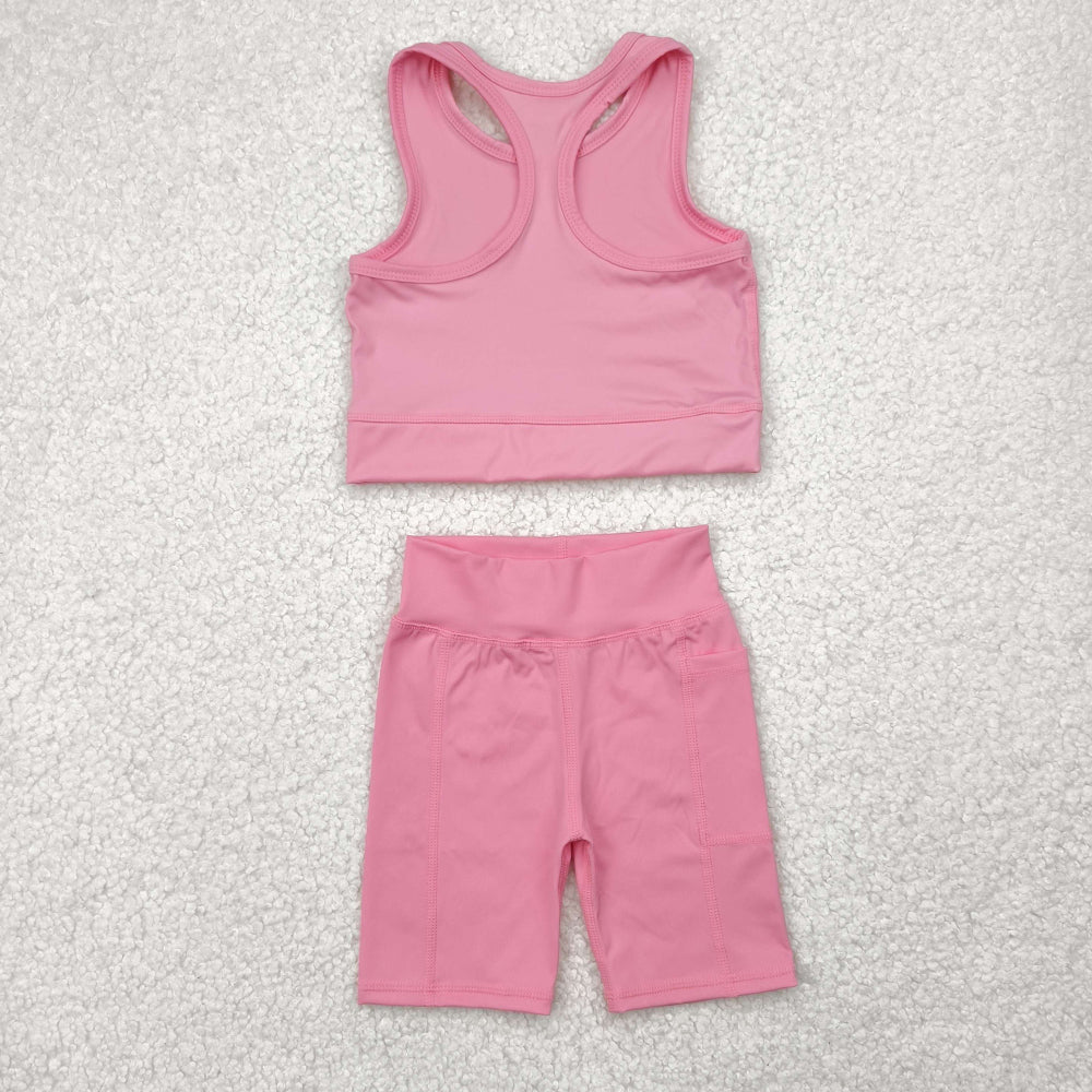 5.15 GSSO1516 RTS NO MOQ Baby Girls Yoga Outfits Light pink straps top shorts girls summer yoga clothes