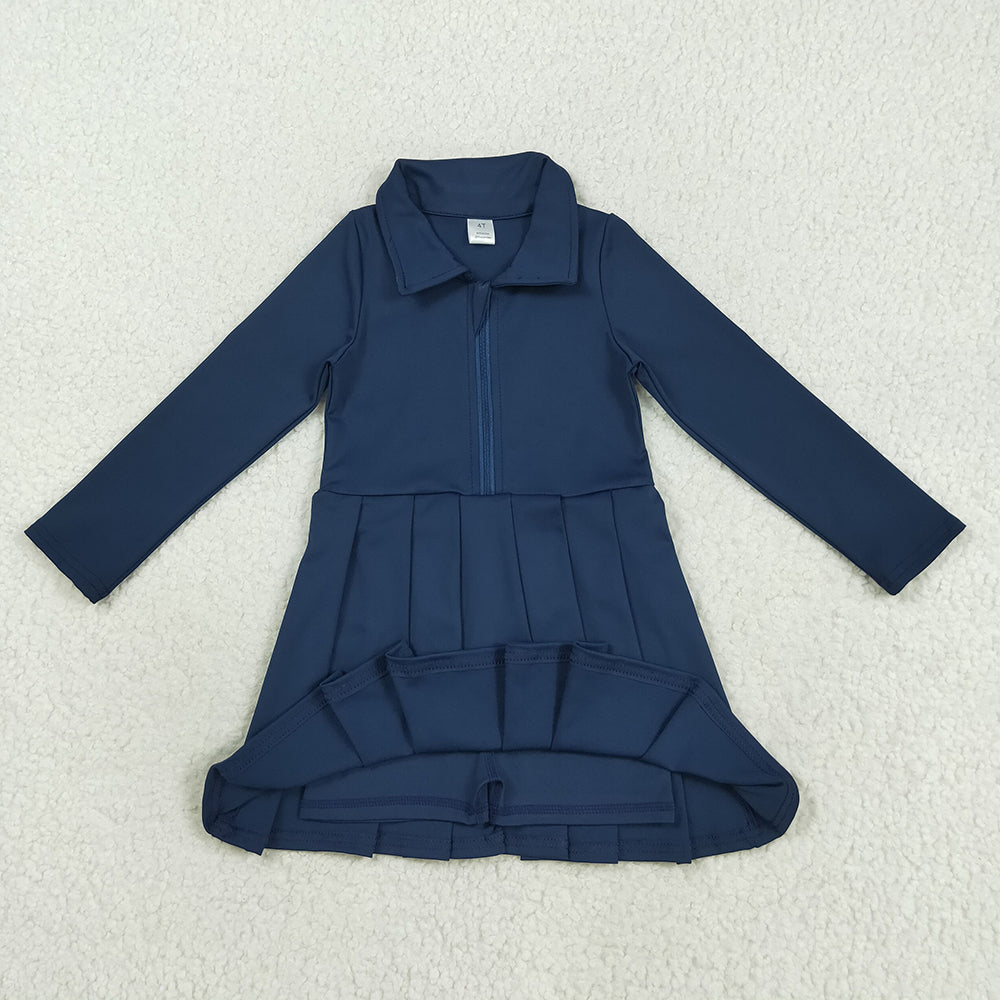 RTS NO MOQ (In stock)GLD1151 Baby Girls Yoga Dress Baby Girls Navy Long Sleeves Zipper Yoga Knee Length Dresses