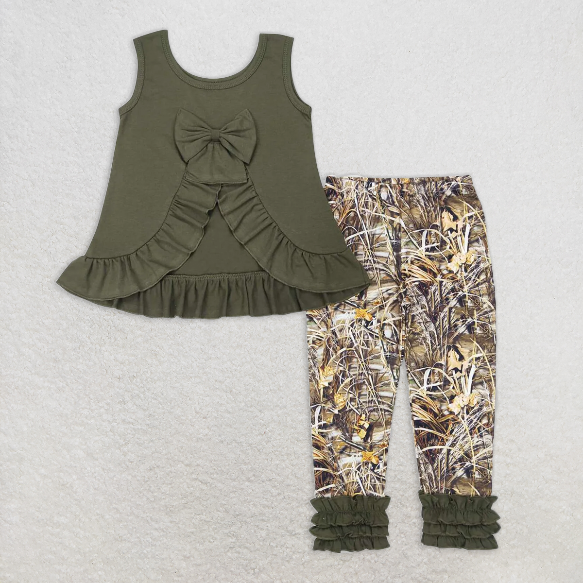 GSPO1089 RTS NO MOQ Baby Girls Spring Outfits Bow tie lace sleeveless top camouflage tree branch trousers set