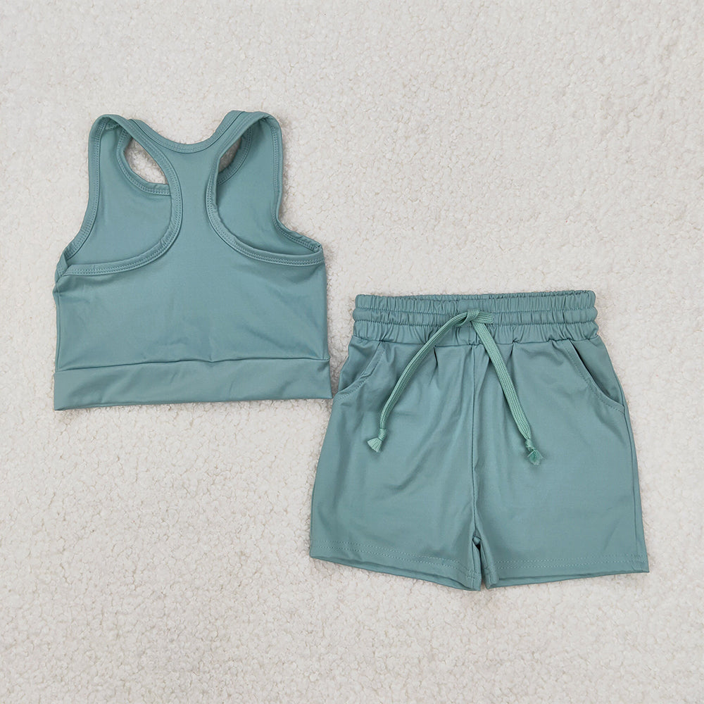 4.30 GSSO2133 RTS NO MOQ Sleeveless olive top pockets shorts girls active wear clothes