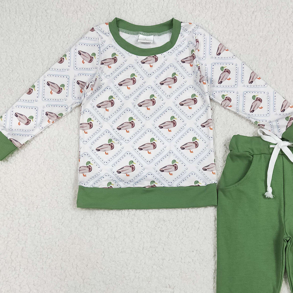 RTS NO MOQ (In stock) BLP1071 Baby Boys Winter Outfits Baby Boys Long Sleeves Green Ducks Top Pockets Legging Pant Pajamas Sets