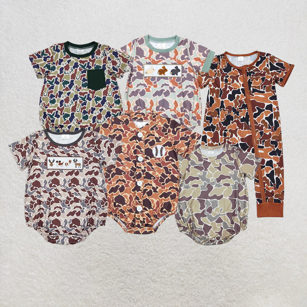 4.22 RTS NO MOQ Camo Rabbit Baby Boy Easter Romper Short Sleeves Cute Infant Outfit Spring Time Celebration Clothing